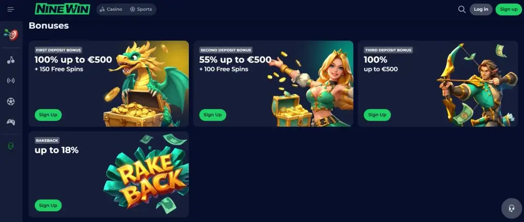 A screenshot of the interface of the official NineWin online casino, showing the site's homepage with its bonus offers.