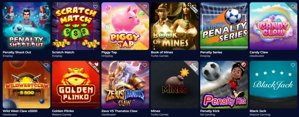 A catalog of table games and fast-paced games in the Nine Win Casino virtual lobby.