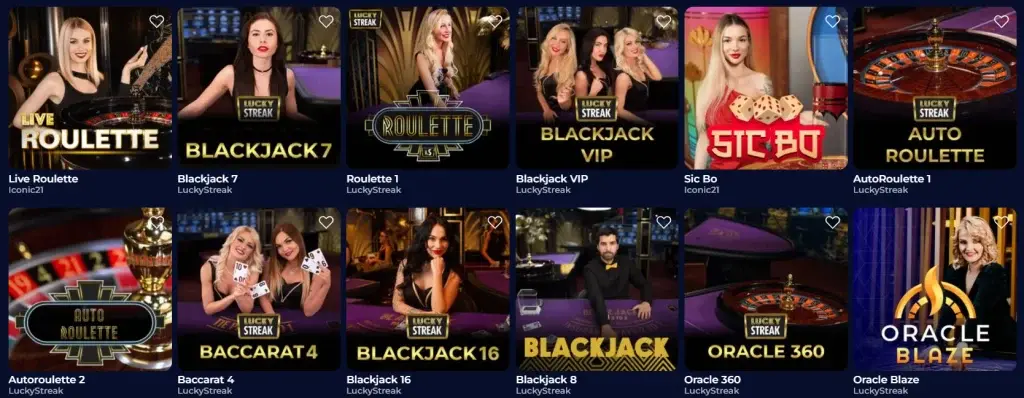 The live casino lobby on the NineWin platform, featuring a selection of games with live dealers.